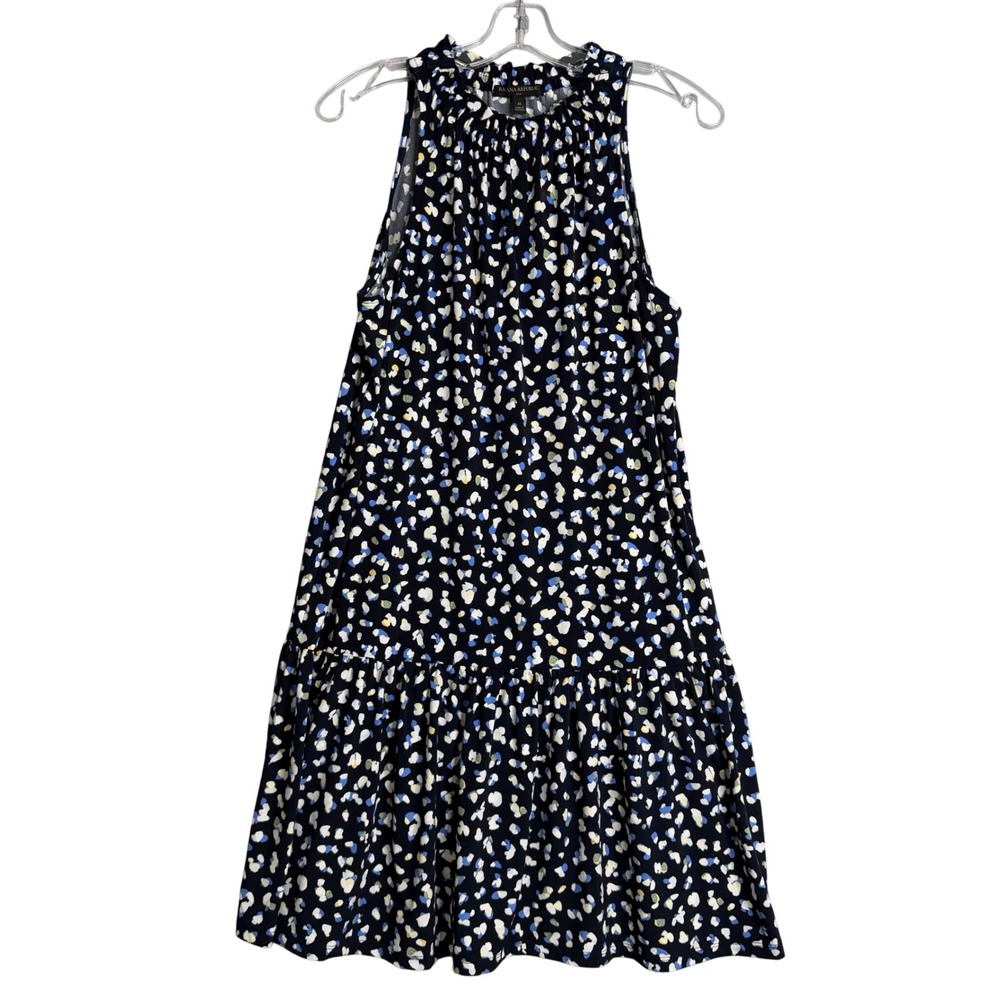 Banana Republic Factory Dress‎ Womens M Navy Blue Speckled Dot Drop Waist Ruffle